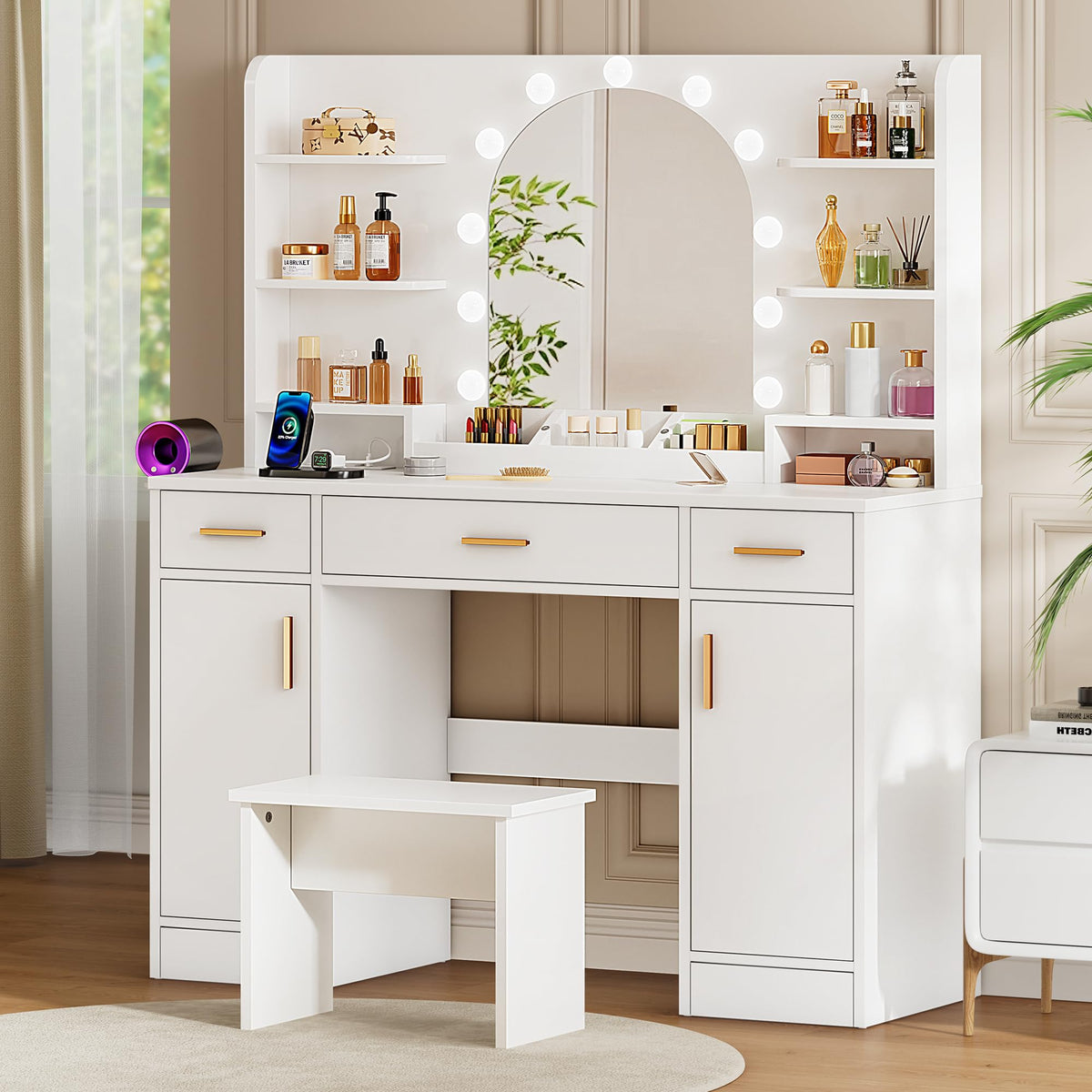 White Vanity Desk with Mirror and Lights U6236