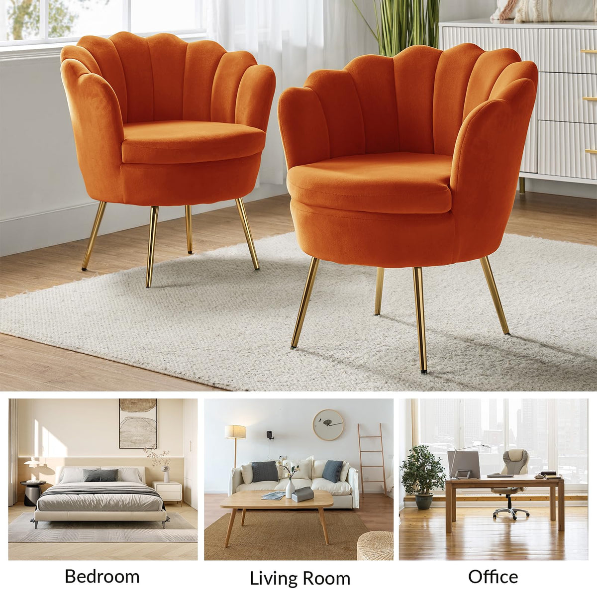Orange Velvet Channel Tufted Accent Chair with Gold Legs X65779