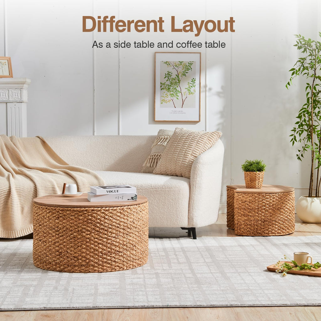 Round Nesting Coffee Table Set of 2 with Storage Wicker Rattan Wood Frame Q87929