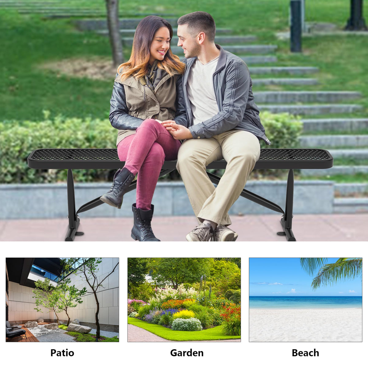 6 Feet Heavy Duty Metal Park Bench with Portable Frame, Black R1031