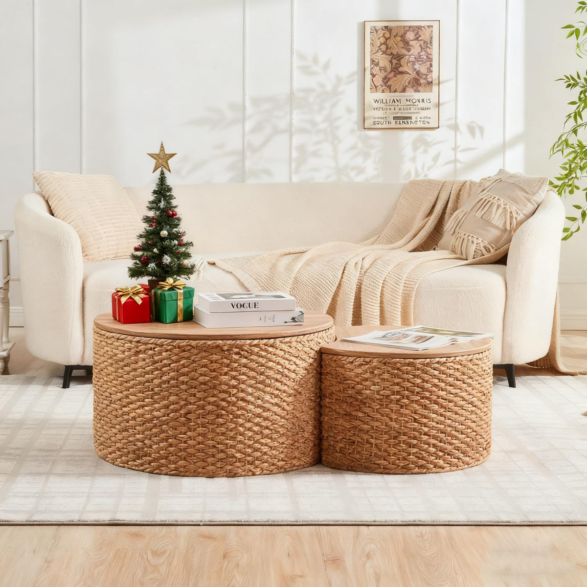 Round Nesting Coffee Table Set of 2 with Storage Wicker Rattan Wood Frame Q87929