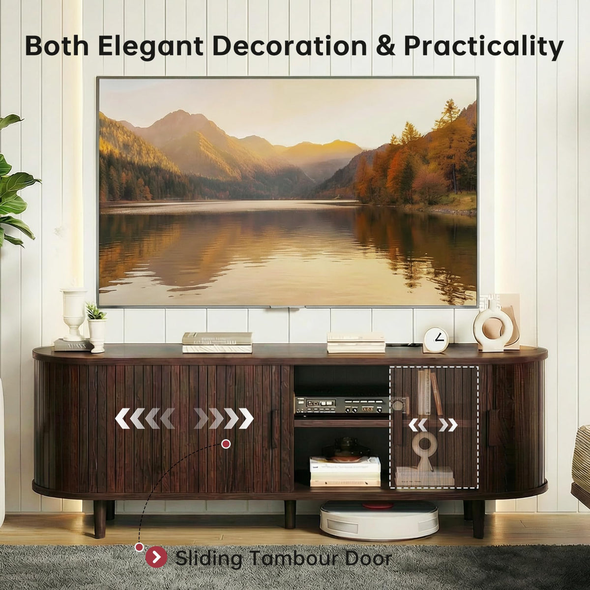 65" Mid-Century Modern TV Console with Sliding Doors C5803
