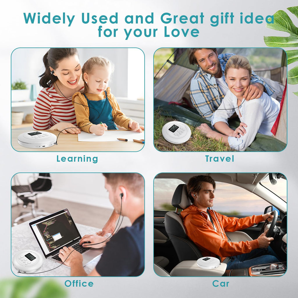Portable CD Player with Headphones Jack USB AUX LCD Display White I9626