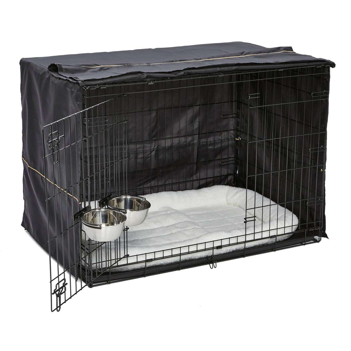 42-inch Double Door Dog Crate with Pet Bed, 2 Bowls and Privacy Cover J660046