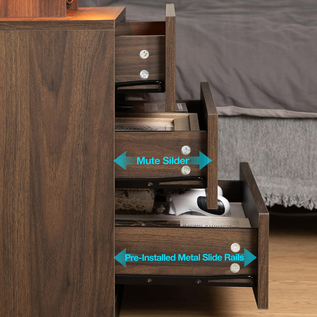 Rustic Brown 3 Drawer Nightstand with Wireless Charging Station F75264