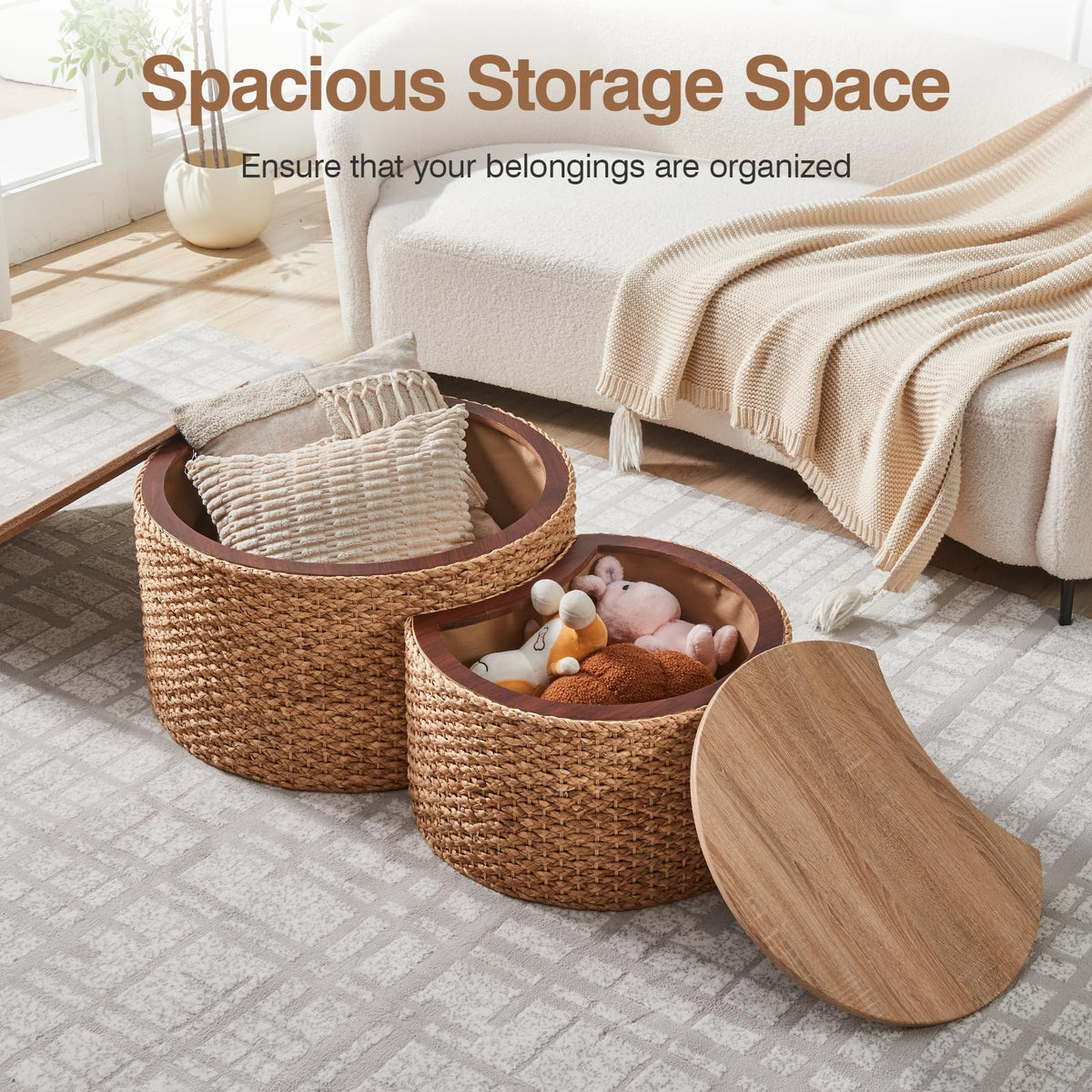Round Nesting Coffee Table Set of 2 with Storage Wicker Rattan Wood Frame Q87929