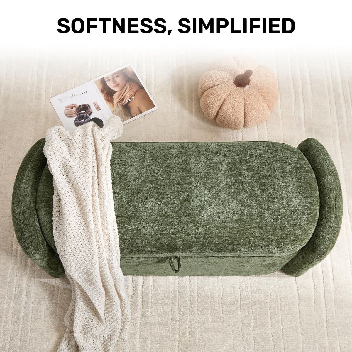 Green Chenille Upholstered Storage Ottoman Bench S24354