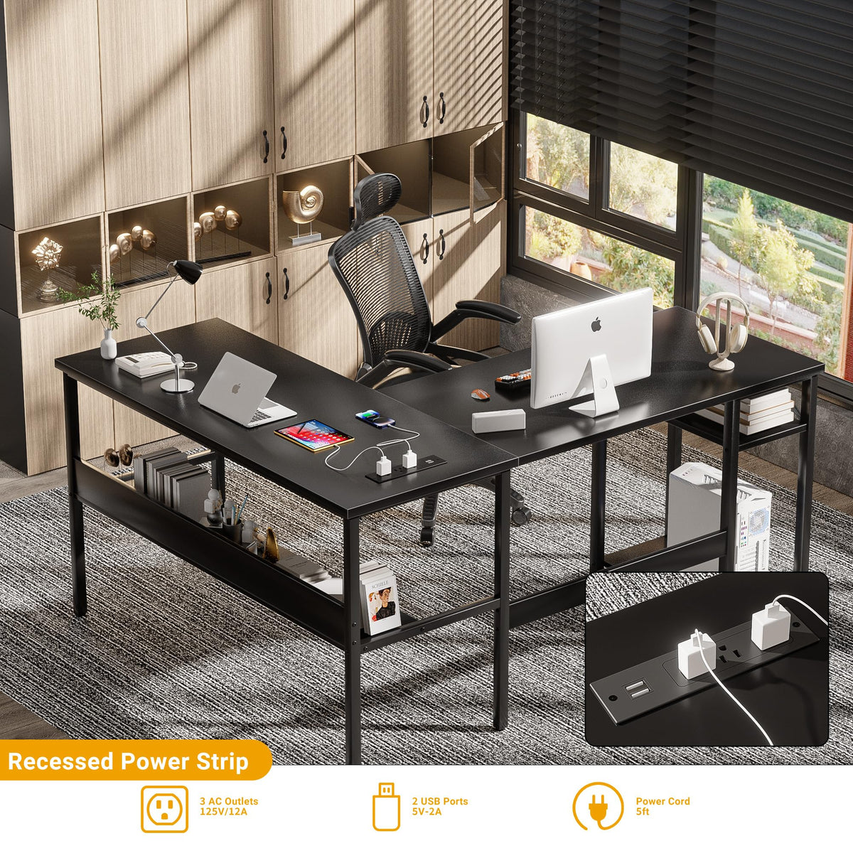 Black Reversible L Shaped Computer Desk with Power Outlets and Storage Shelves D295878