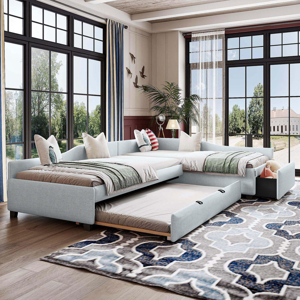 Double Twin Size L Shaped Upholstered Daybed with Trundle and Storage Drawer W2292