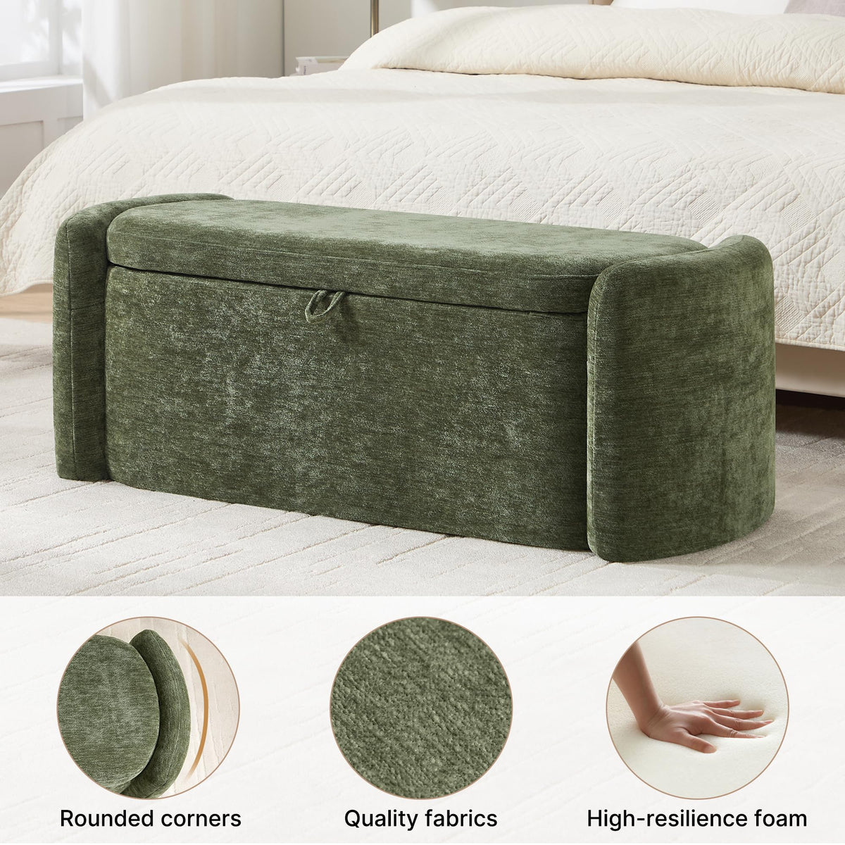 Green Chenille Upholstered Storage Ottoman Bench S24354