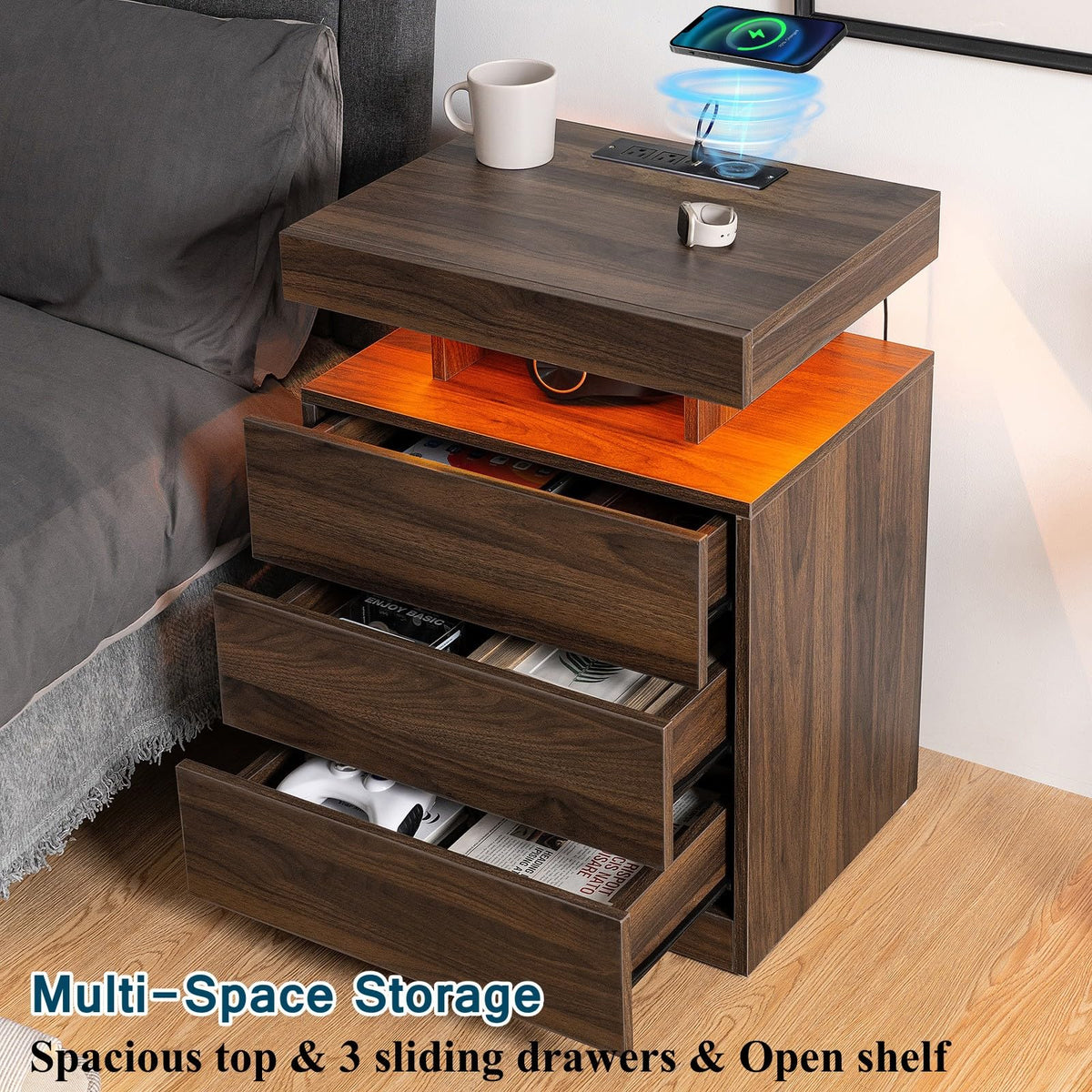 Rustic Brown 3 Drawer Nightstand with Wireless Charging Station F75264