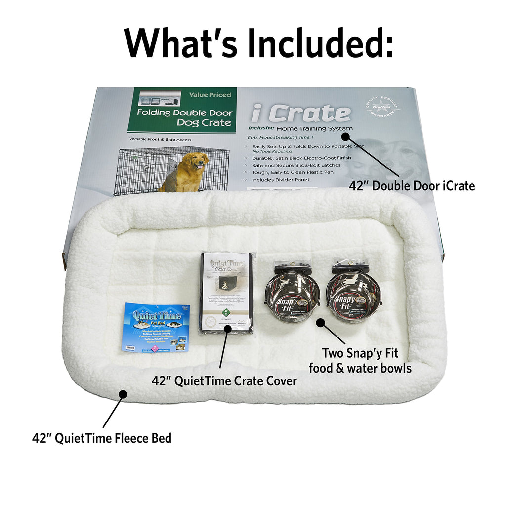 42-inch Double Door Dog Crate with Pet Bed, 2 Bowls and Privacy Cover J660046