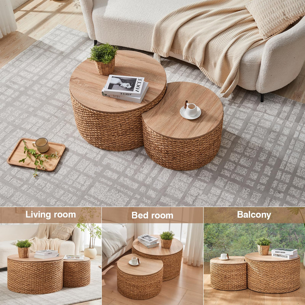 Round Nesting Coffee Table Set of 2 with Storage Wicker Rattan Wood Frame Q87929