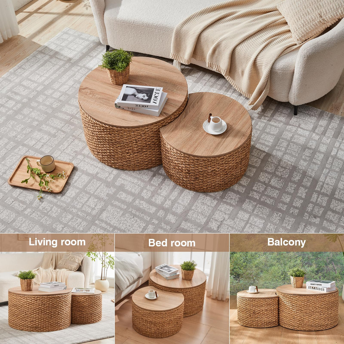 Round Nesting Coffee Table Set of 2 with Storage Wicker Rattan Wood Frame Q87929