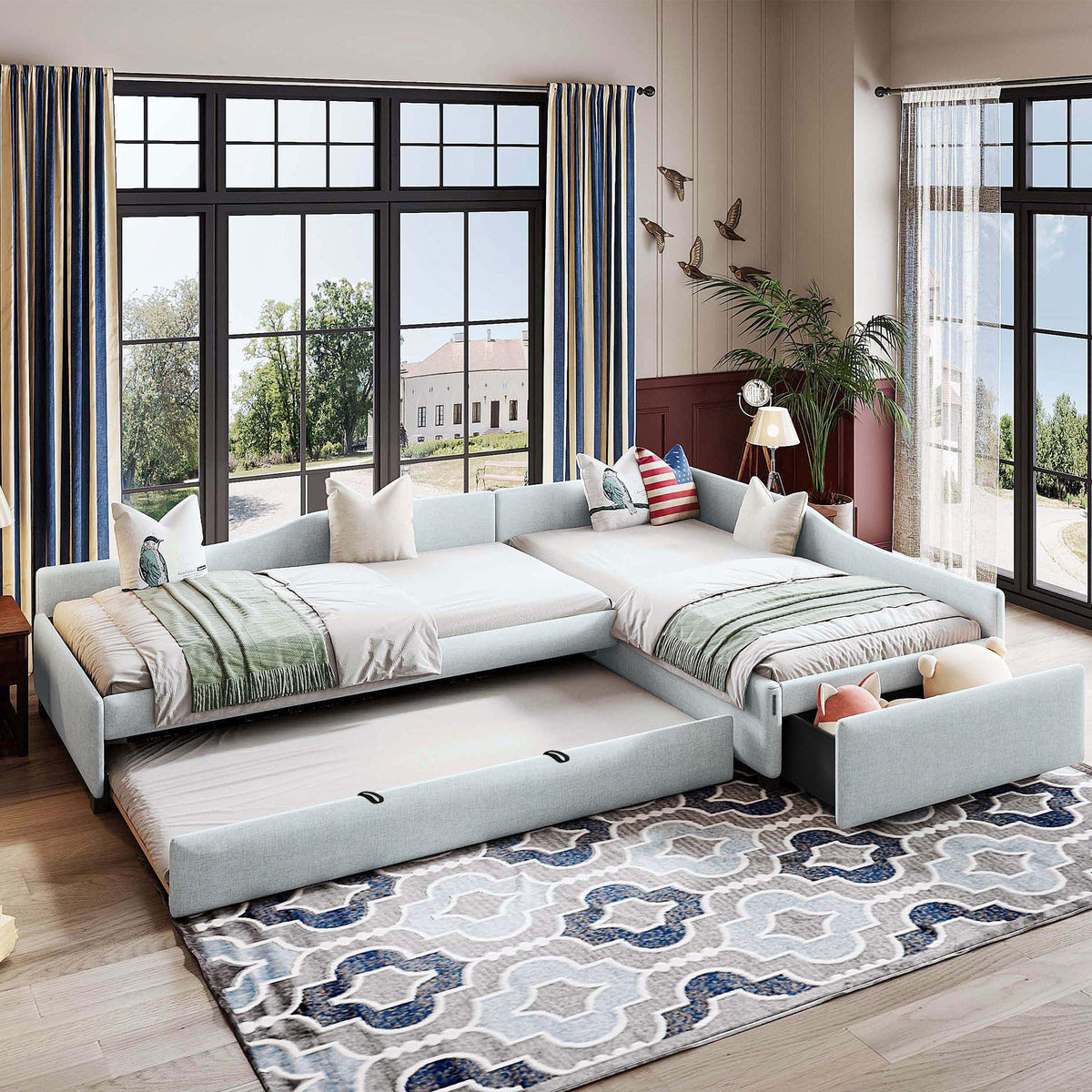 Double Twin Size L Shaped Upholstered Daybed with Trundle and Storage Drawer W2292