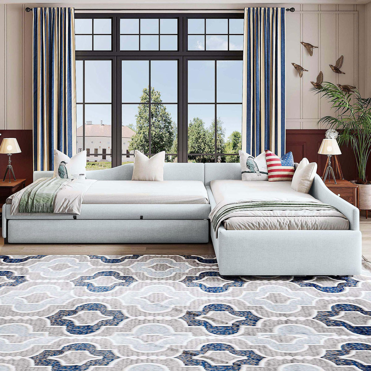 Double Twin Size L Shaped Upholstered Daybed with Trundle and Storage Drawer W2292